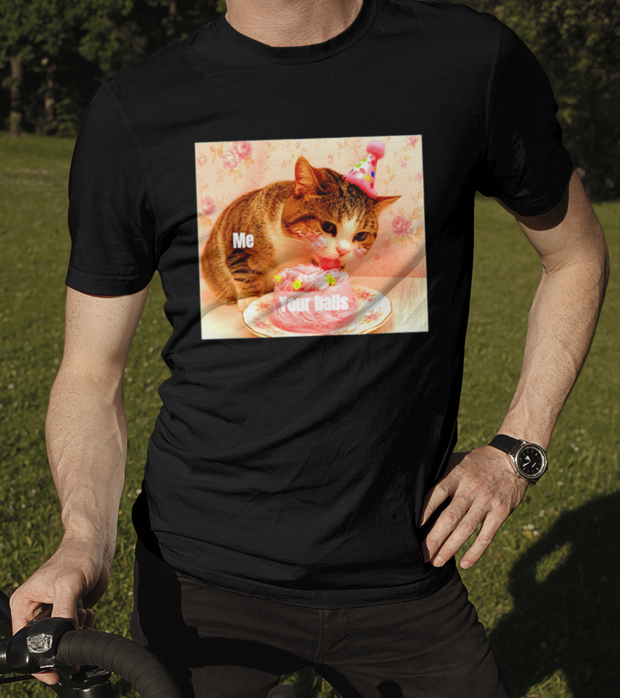 Me Your Balls Cat Eating Cake Party Hat T-Shirt