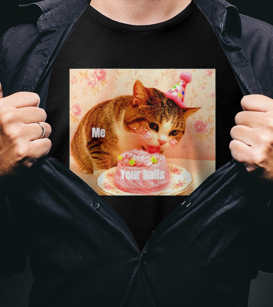 Me Your Balls Cat Eating Cake Party Hat T-Shirt