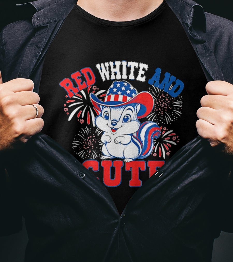 Red White And Cute Fireworks Patriotic Squirrel Cowboy Hat T-Shirt