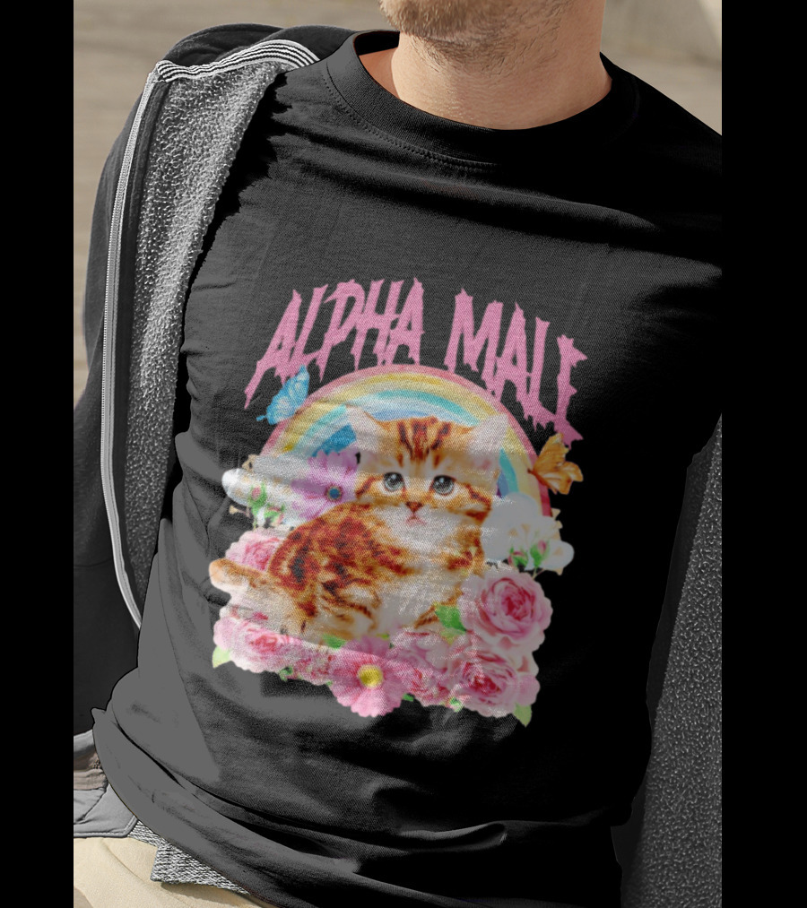 Alpha Male Kitten Rainbow Butterfly Floral Roses T-Shirt