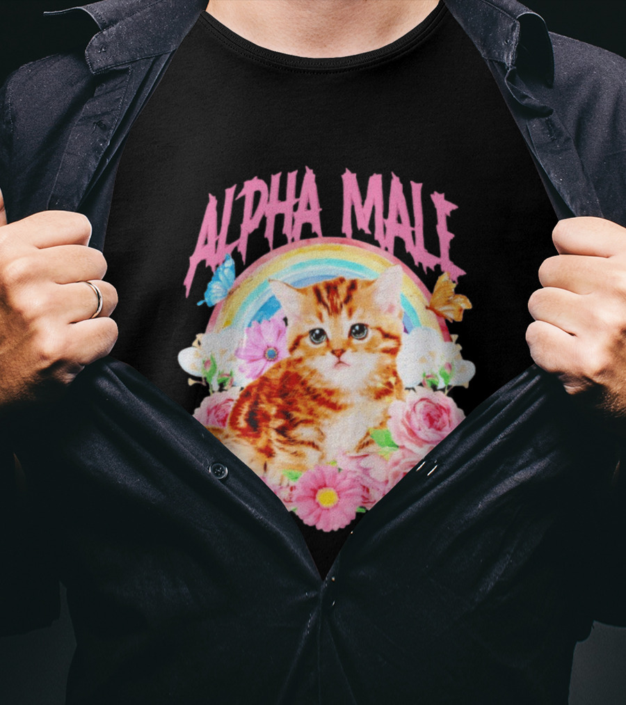 Alpha Male Kitten Rainbow Butterfly Floral Roses T-Shirt