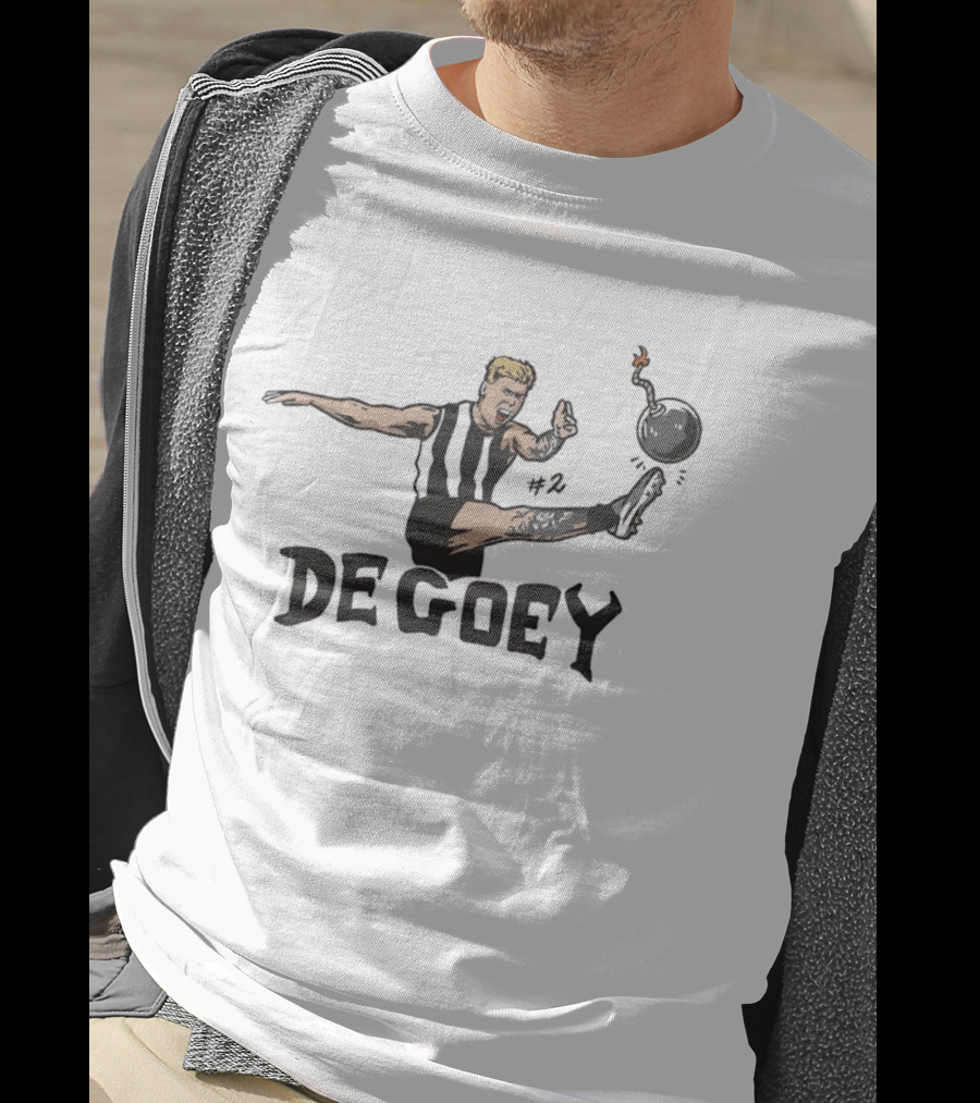 Jordan De Goey Number 2 Kicking Bomb Collingwood Magpies T-Shirt