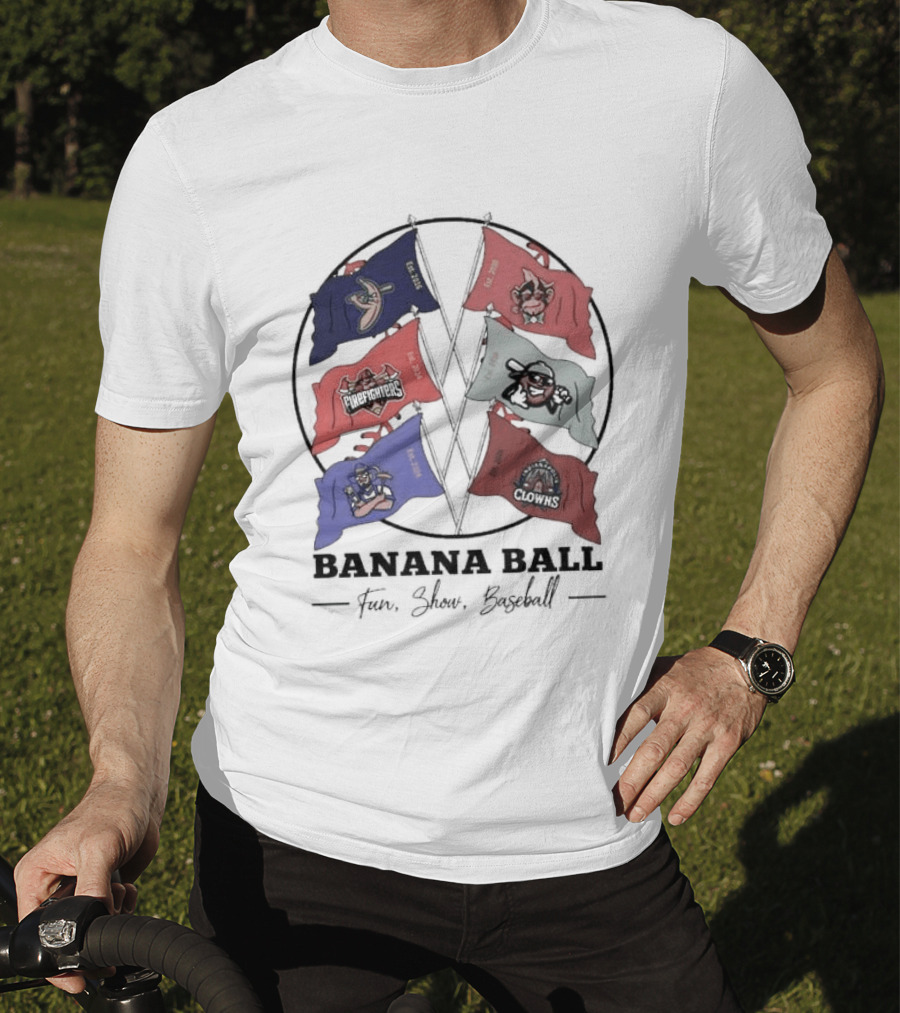 Banana Ball Fun Show Baseball Red And Blue Flags 2026 T-Shirt