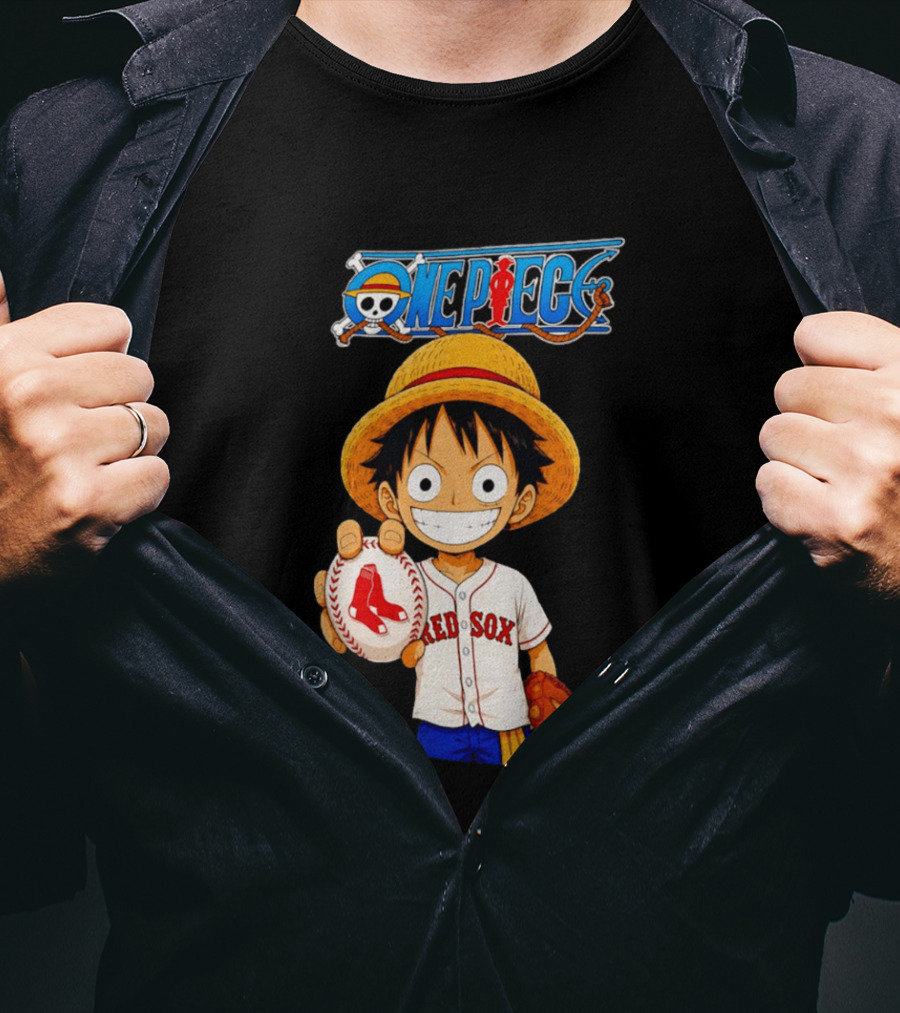 Monkey D. Luffy Red Sox One Piece Crossover Boston Baseball Collaboration T-Shirt