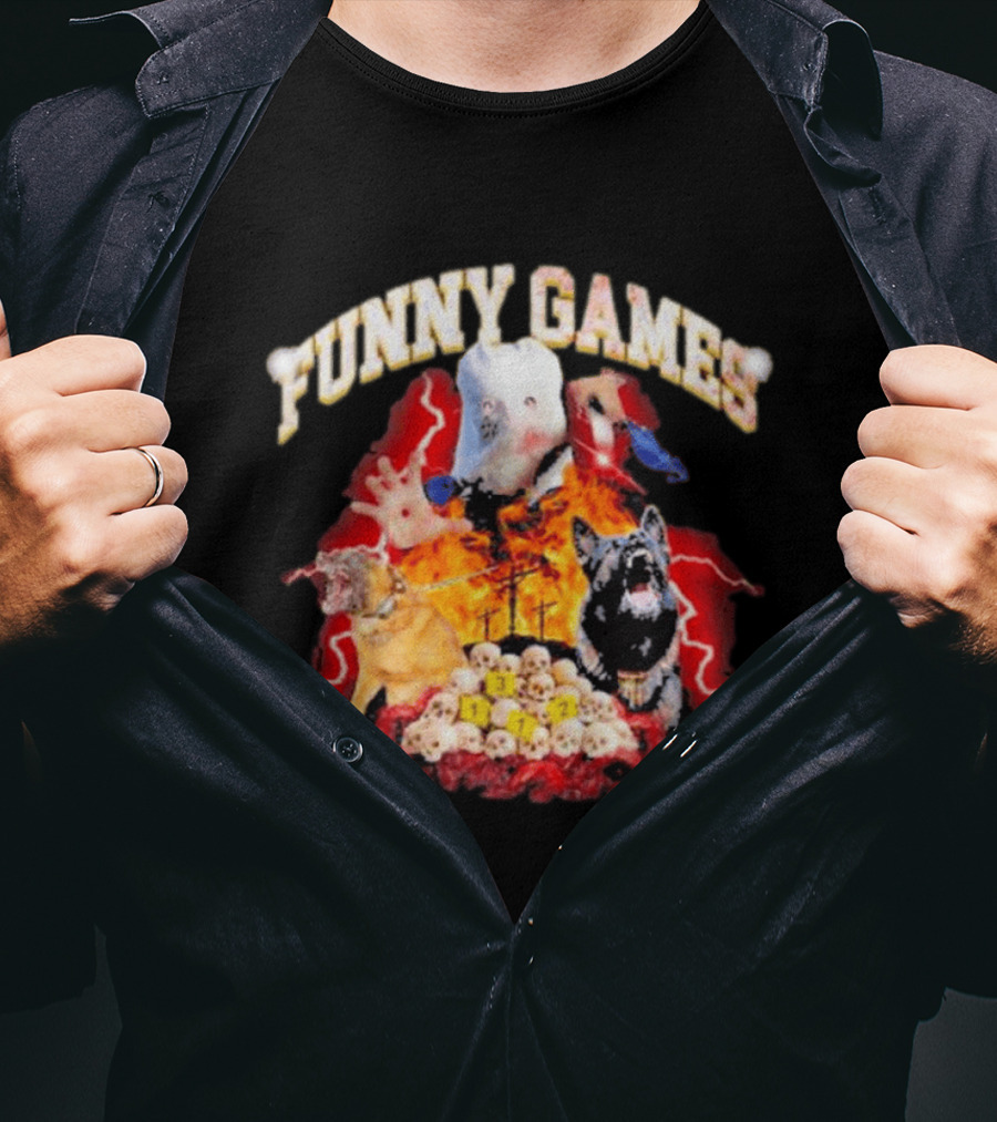 Funny Games Dog Skull Pile Fire Chaos T-Shirt