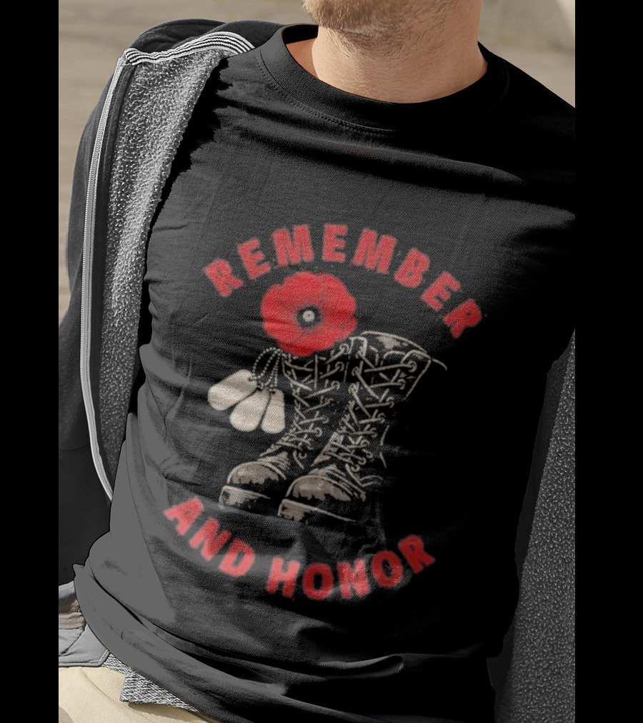 Memorial Day Remember And Honor Poppy Flower Military Boots T-Shirt