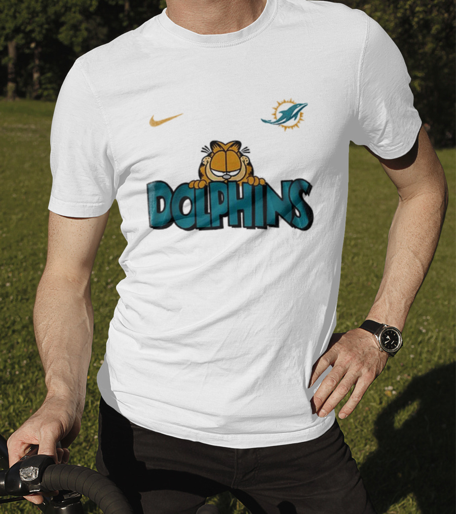 Nike Miami Dolphins Garfield Orange Cat çizim T-Shirt
