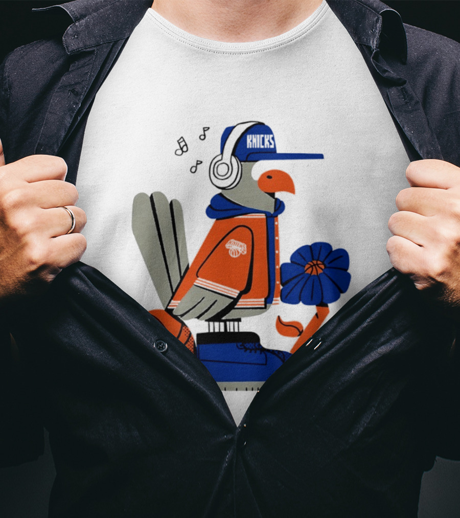 New York Knicks Bird Cap Headphones Basketball Flower T-Shirt