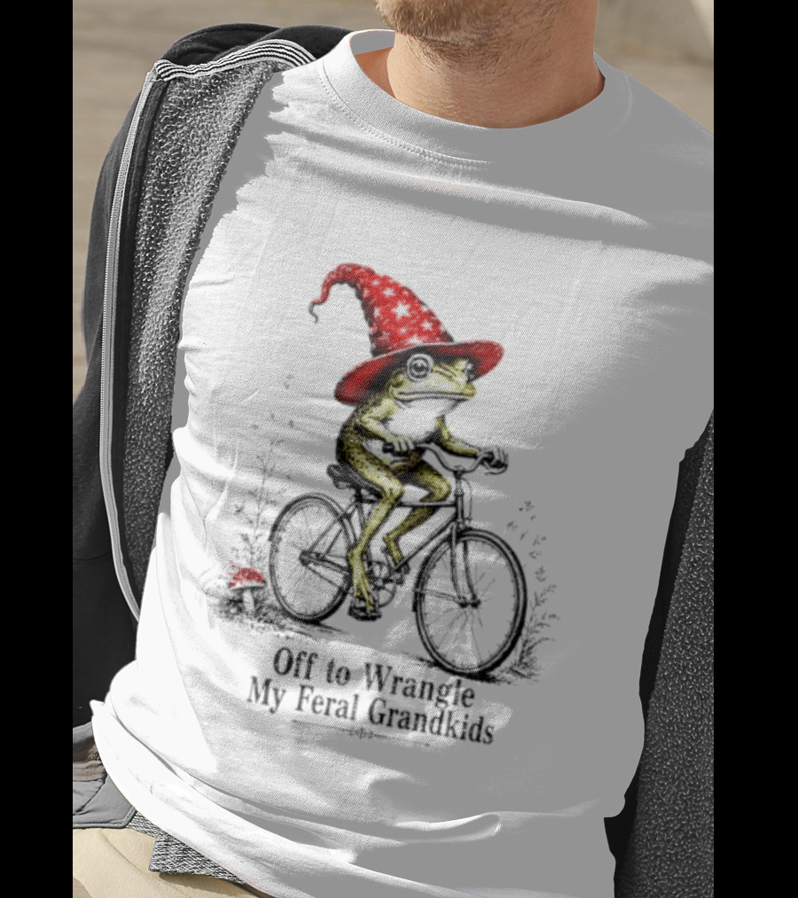 Off To Wrangle My Feral Grandkids Wizard Frog On Bicycle With Red Hat T-Shirt