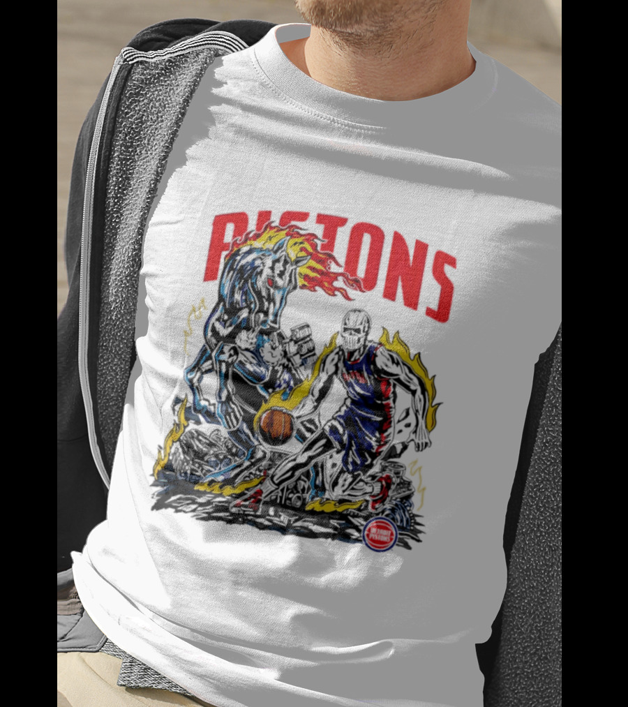 Detroit Pistons Skull Basketball Horse Flames Robot T-Shirt