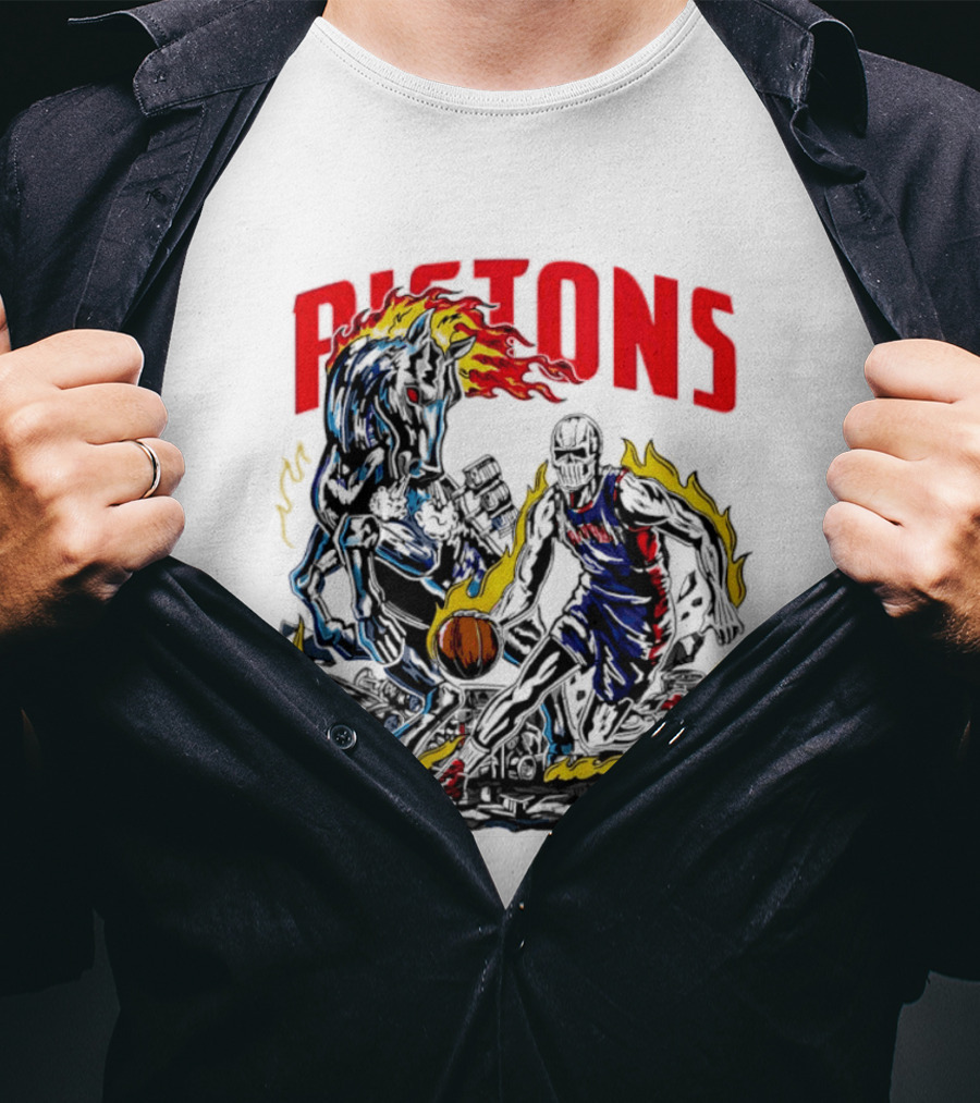 Detroit Pistons Skull Basketball Horse Flames Robot T-Shirt