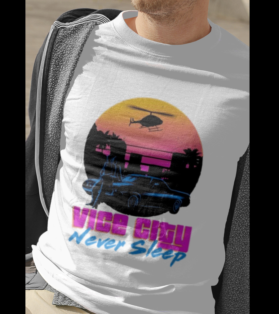 Vice City Never Sleep 80s Sunset Car Helicopter T-Shirt