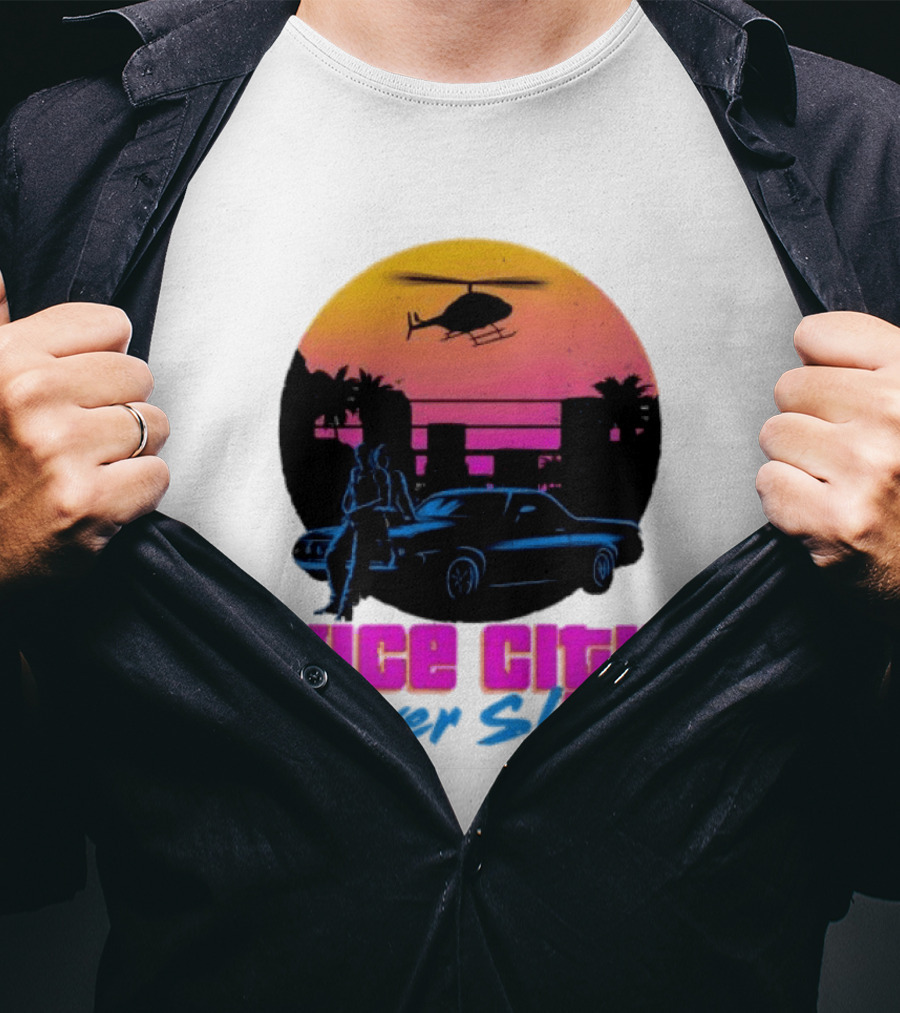 Vice City Never Sleep 80s Sunset Car Helicopter T-Shirt
