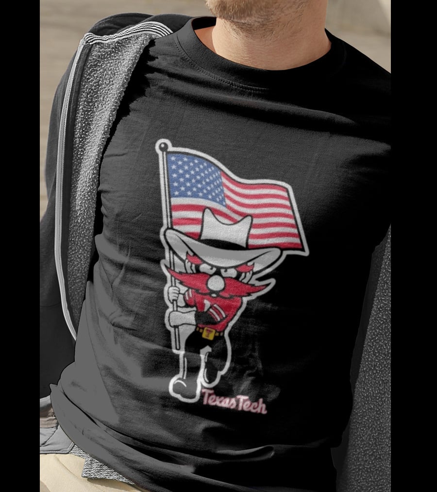 Texas Tech Red Raider Holding American Flag Sticker T-Shirt