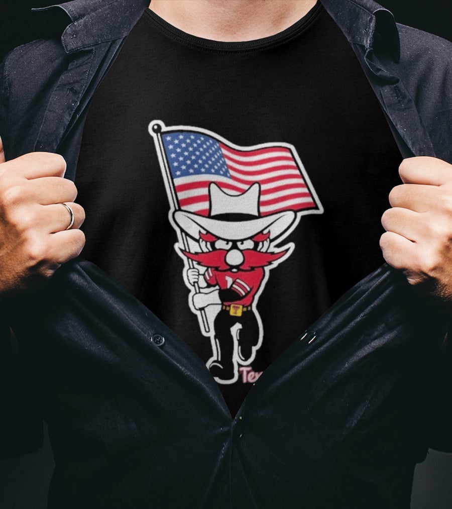 Texas Tech Red Raider Holding American Flag Sticker T-Shirt