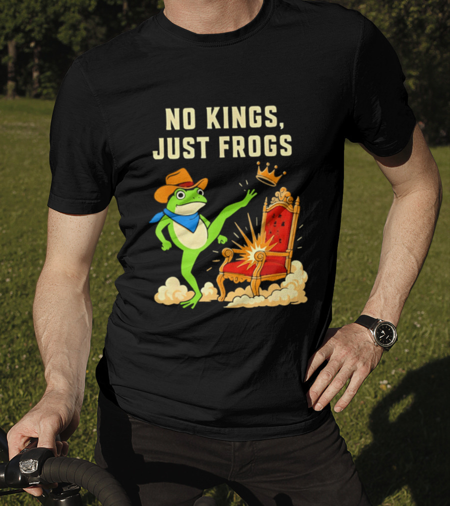 No Kings Just Frogs Portland Cowboy Frog Kicking Crown From Throne T-Shirt