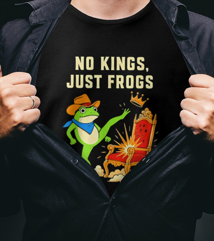 No Kings Just Frogs Portland Cowboy Frog Kicking Crown From Throne T-Shirt