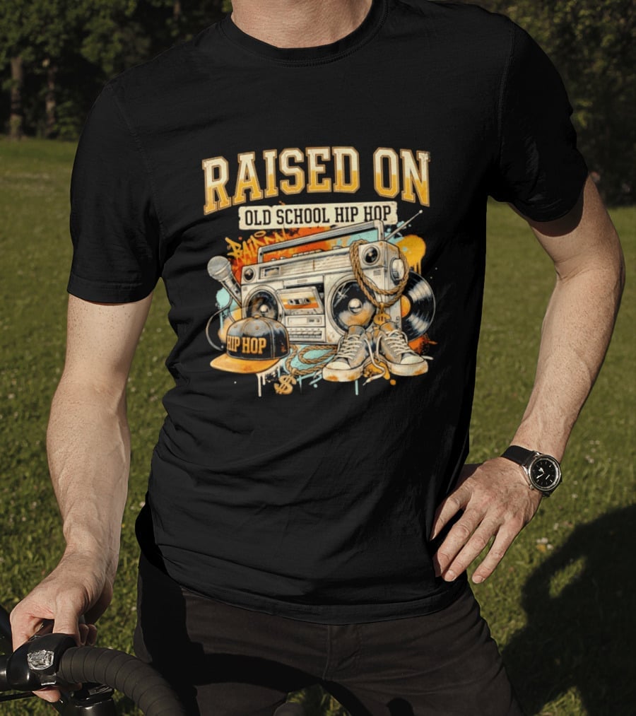 Raised On Old School Hip Hop Boombox Sneakers Microphone Cap Vinyl T-Shirt