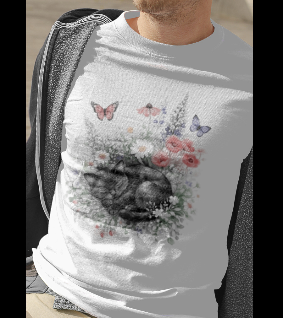 Black Cat Surrounded By Vibrant Flowers And Butterflies T-Shirt