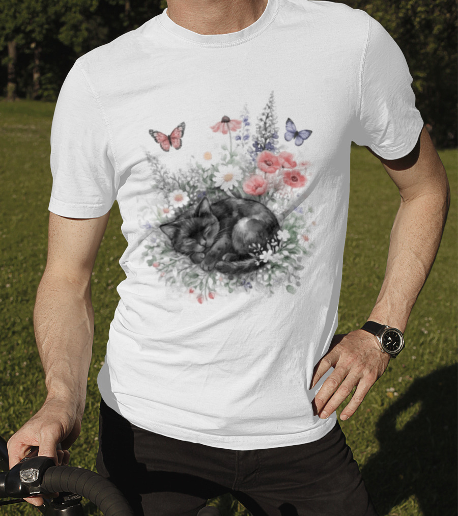 Black Cat Surrounded By Vibrant Flowers And Butterflies T-Shirt