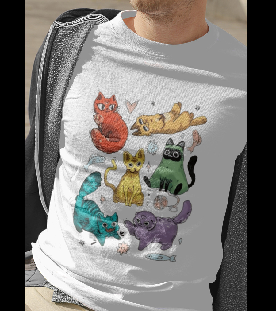 Whimsical Colorful Cats And Rainbow Hearts Collage T-Shirt