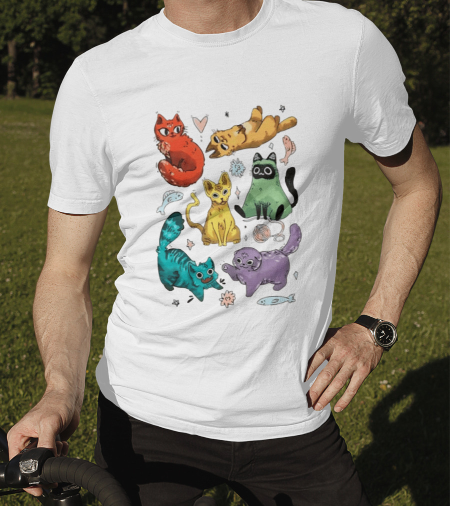 Whimsical Colorful Cats And Rainbow Hearts Collage T-Shirt