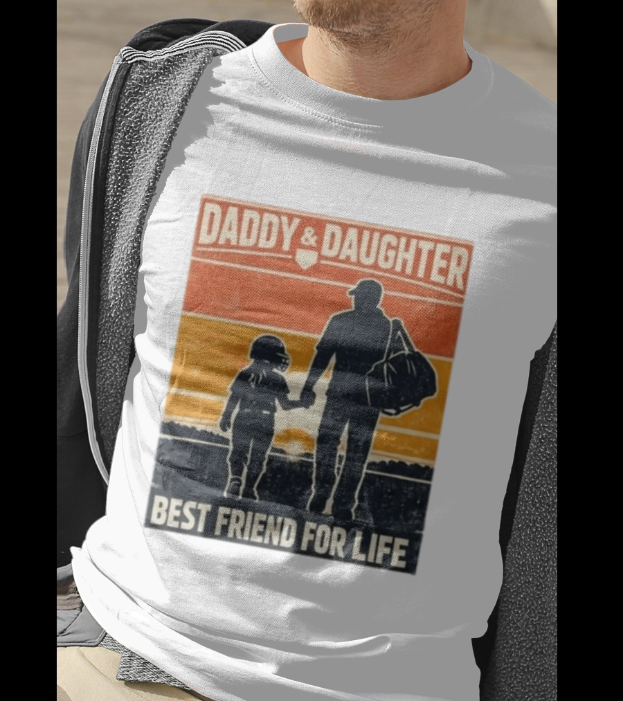 Daddy & Daughter Best Friend For Life Baseball Softball Silhouette Retro Sunset T-Shirt