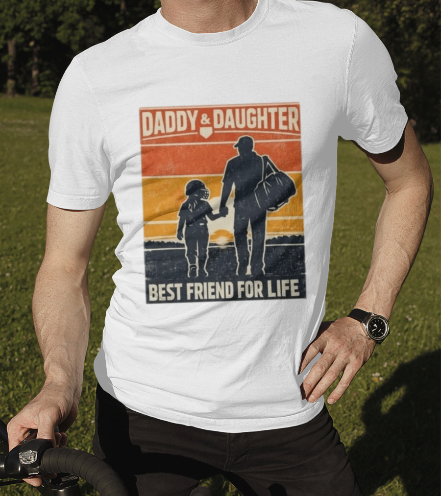Daddy & Daughter Best Friend For Life Baseball Softball Silhouette Retro Sunset T-Shirt