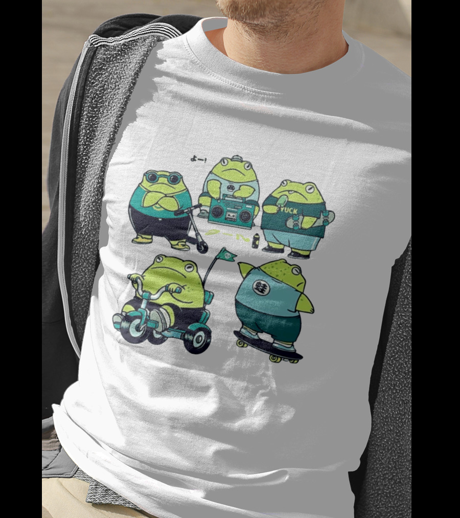 Frog Riding Scooter Tricycle Skateboard Boombox Summer Fun T-Shirt