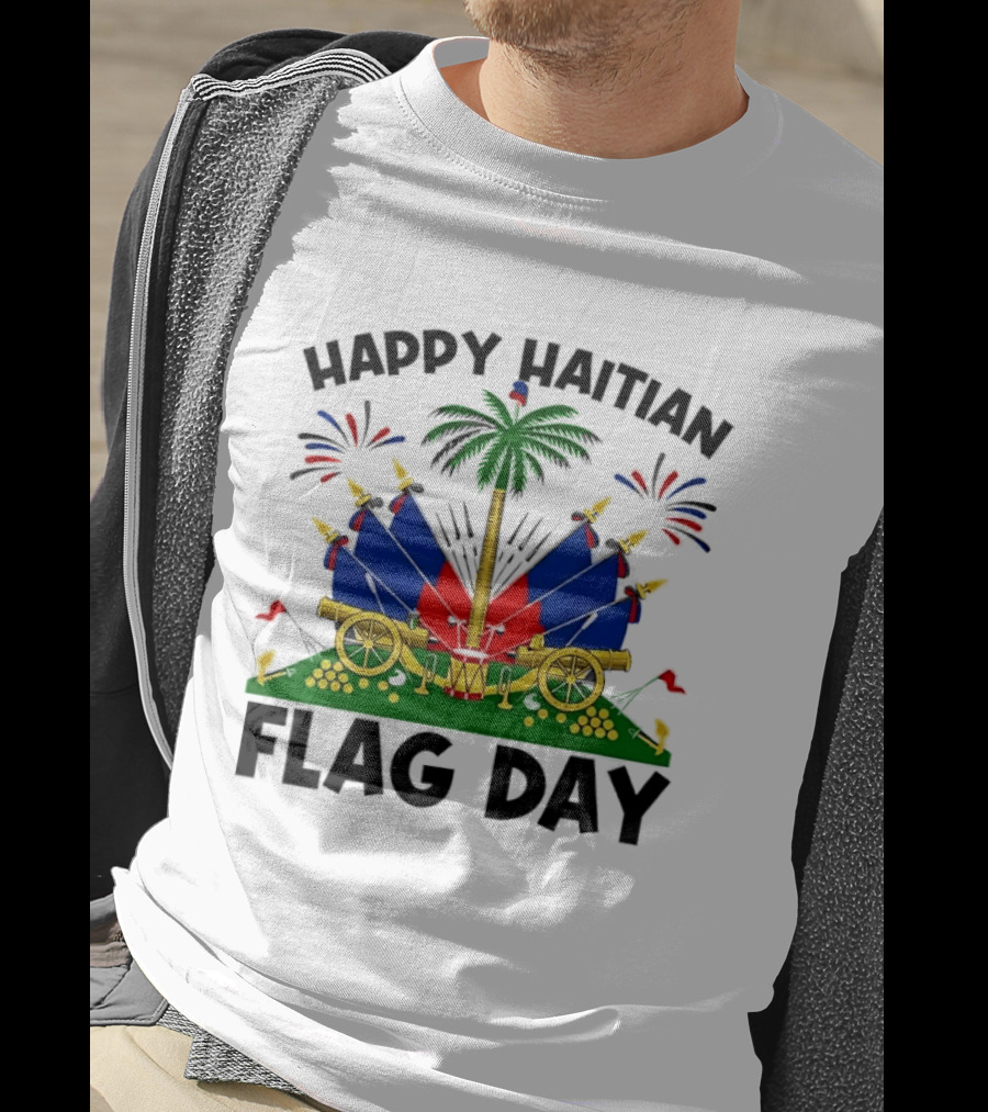 Happy Haitian Flag Day Coat Of Arms Palm Tree Cannons Fireworks Celebration T-Shirt