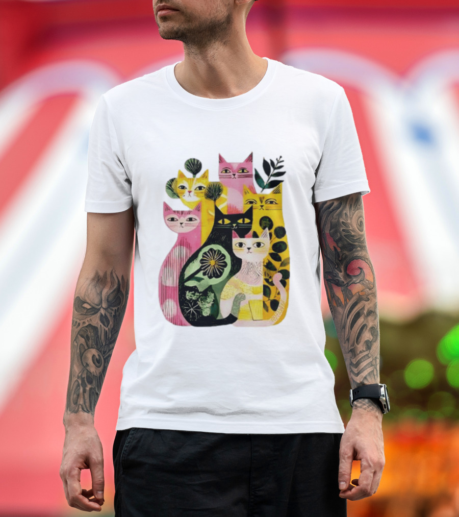 Vibrant Stylized Cats Botanical Foliage Whimsical T-Shirt
