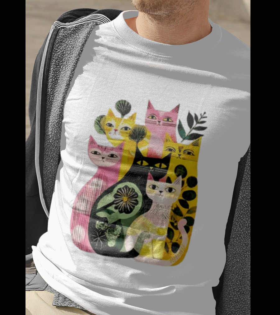 Vibrant Stylized Cats Botanical Foliage Whimsical T-Shirt
