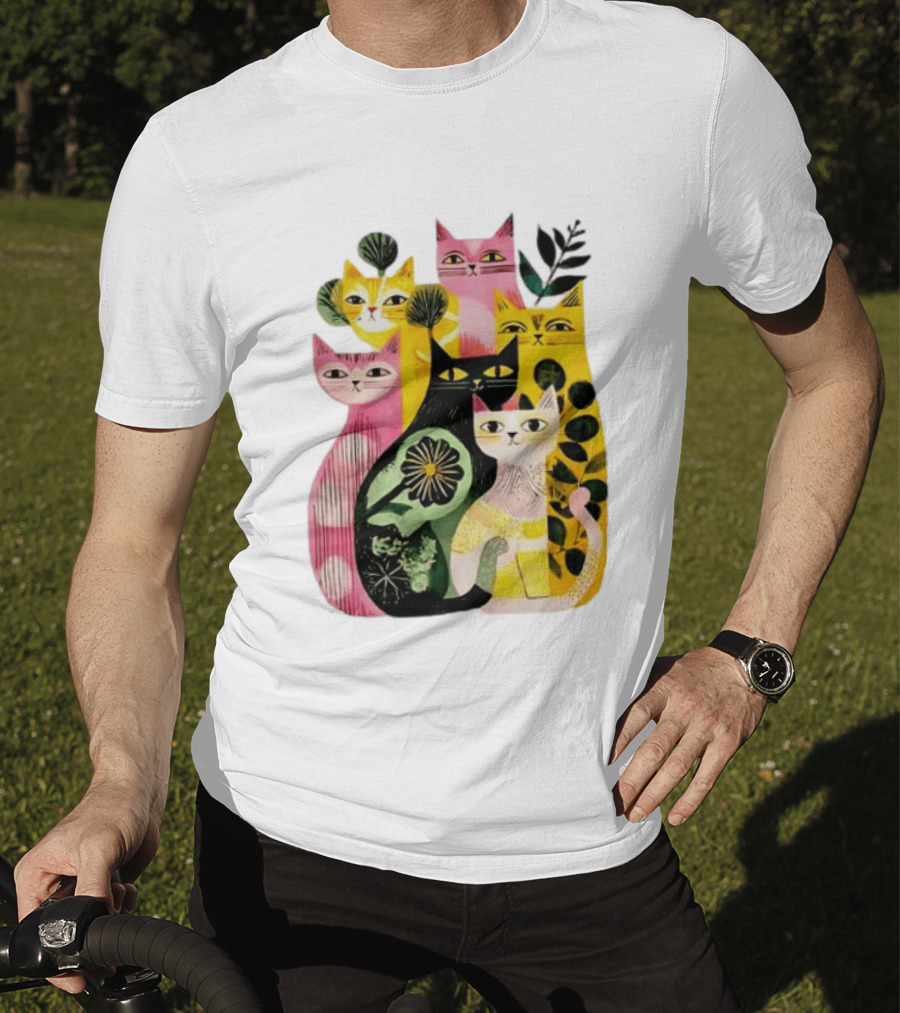 Vibrant Stylized Cats Botanical Foliage Whimsical T-Shirt