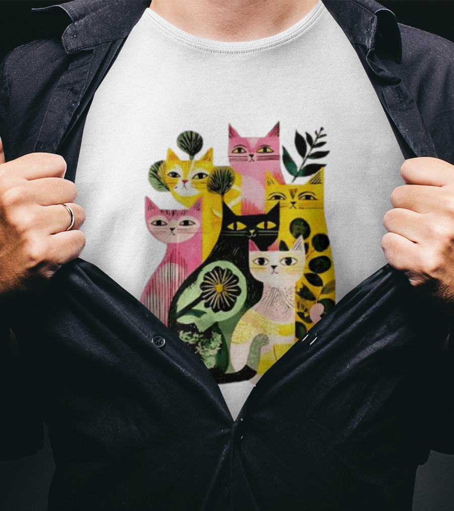 Vibrant Stylized Cats Botanical Foliage Whimsical T-Shirt