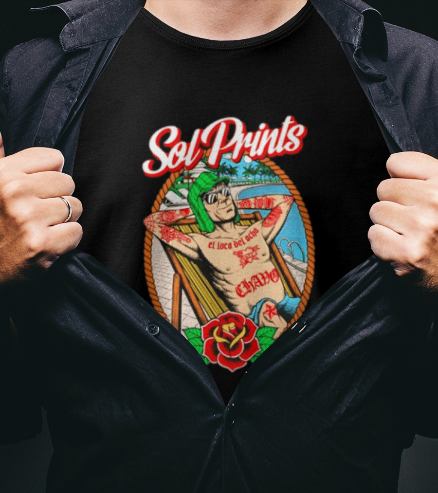 Sol Prints El Loco Del Ocho Chavo Relaxing By The Pool With Tattoos T-Shirt