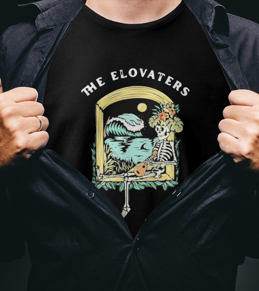 The Elovaters Endless Summer Skeleton Surfing Ukulele Moonlight Scene T-Shirt