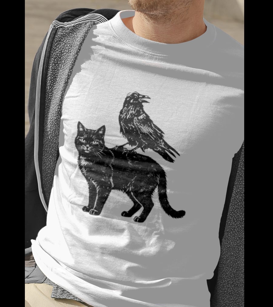 Black Cat And Raven Silhouette Duo T-Shirt
