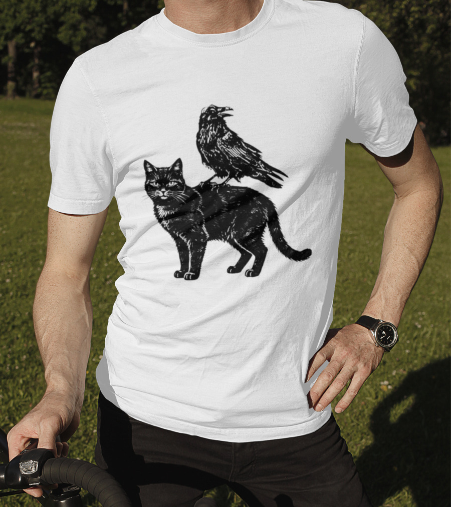 Black Cat And Raven Silhouette Duo T-Shirt