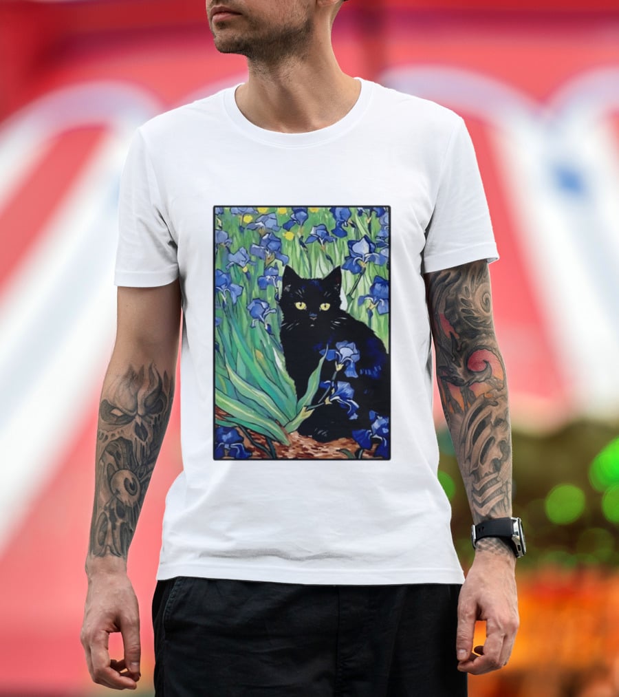 Black Cat With Van Gogh Irises Painting T-Shirt