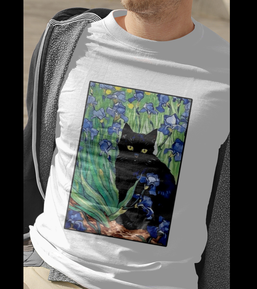 Black Cat With Van Gogh Irises Painting T-Shirt