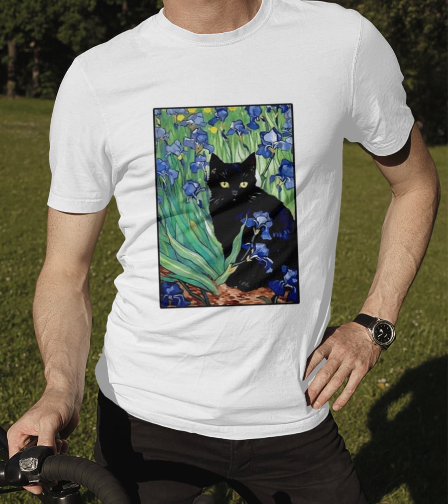 Black Cat With Van Gogh Irises Painting T-Shirt