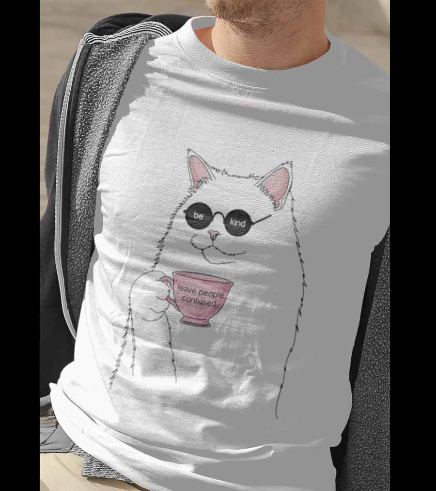 Cat With Sunglasses Holding 'Leave People Confused' Coffee Cup T-Shirt