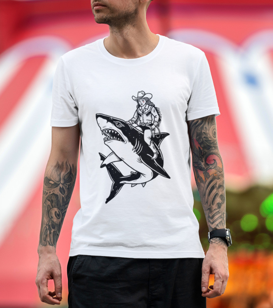 Cowgirl Riding Shark Novelty T-Shirt