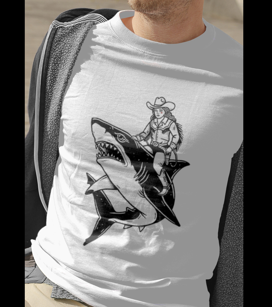 Cowgirl Riding Shark Novelty T-Shirt