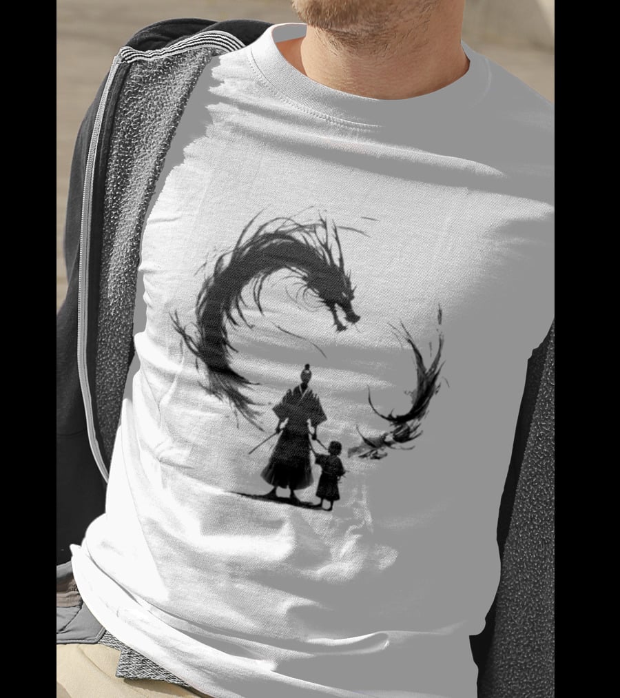 Samurai And Son With Black Dragon Circle T-Shirt