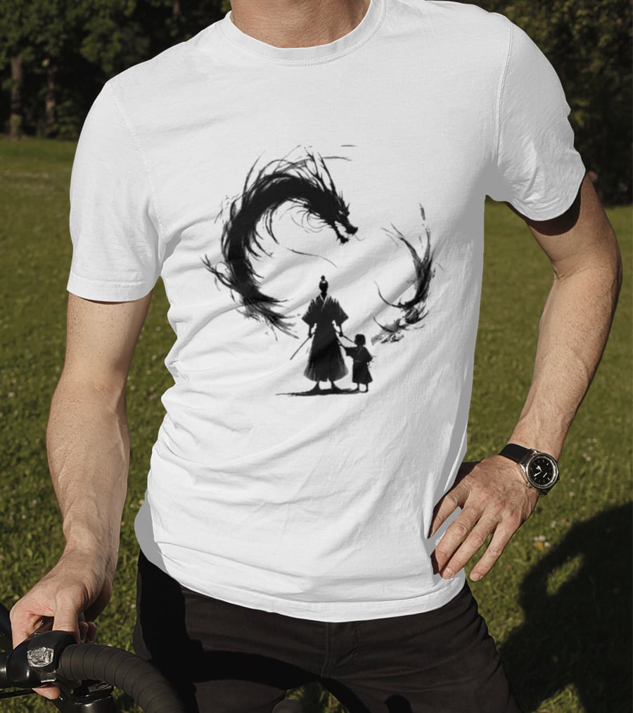 Samurai And Son With Black Dragon Circle T-Shirt