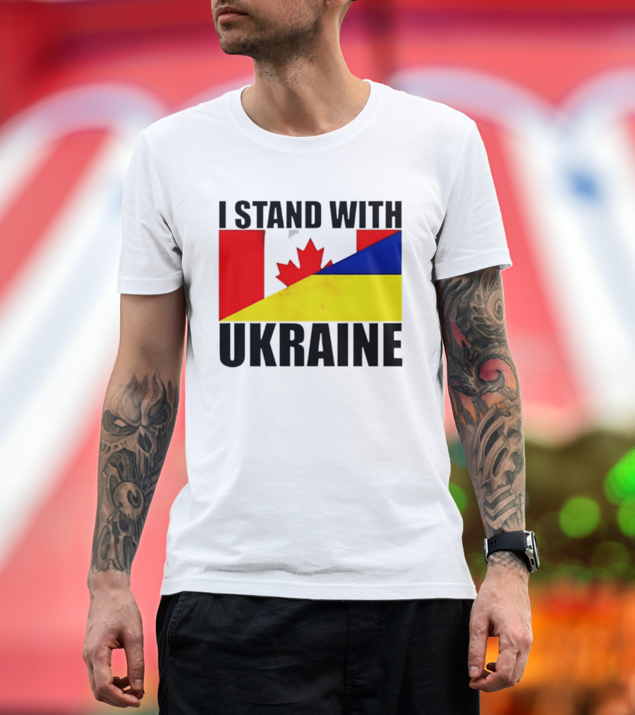 I Stand With Ukraine Canada Flag Maple Leaf Yellow Blue T-Shirt