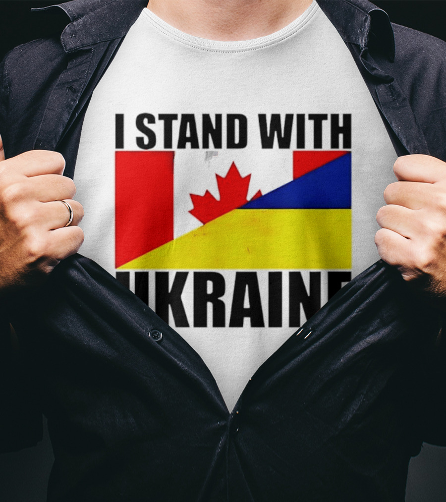 I Stand With Ukraine Canada Flag Maple Leaf Yellow Blue T-Shirt