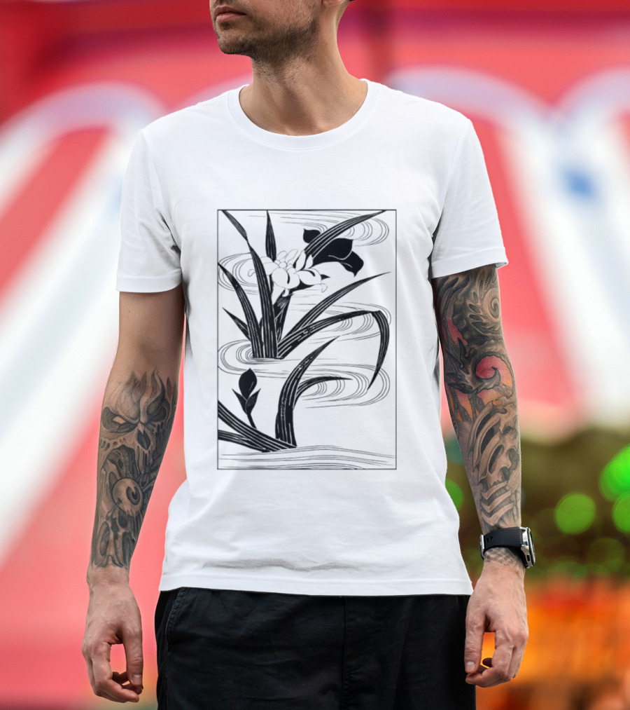 Japanese Black And White Irises In Water With Flowing Waves T-Shirt