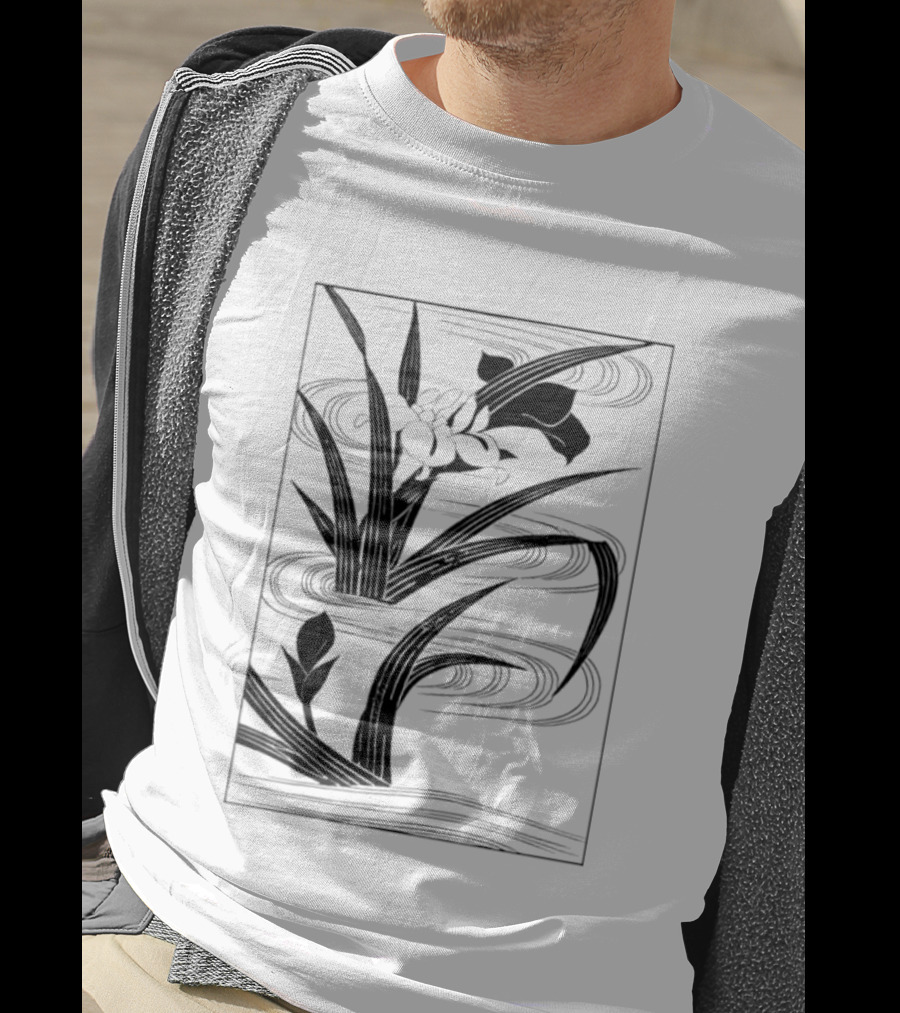 Japanese Black And White Irises In Water With Flowing Waves T-Shirt
